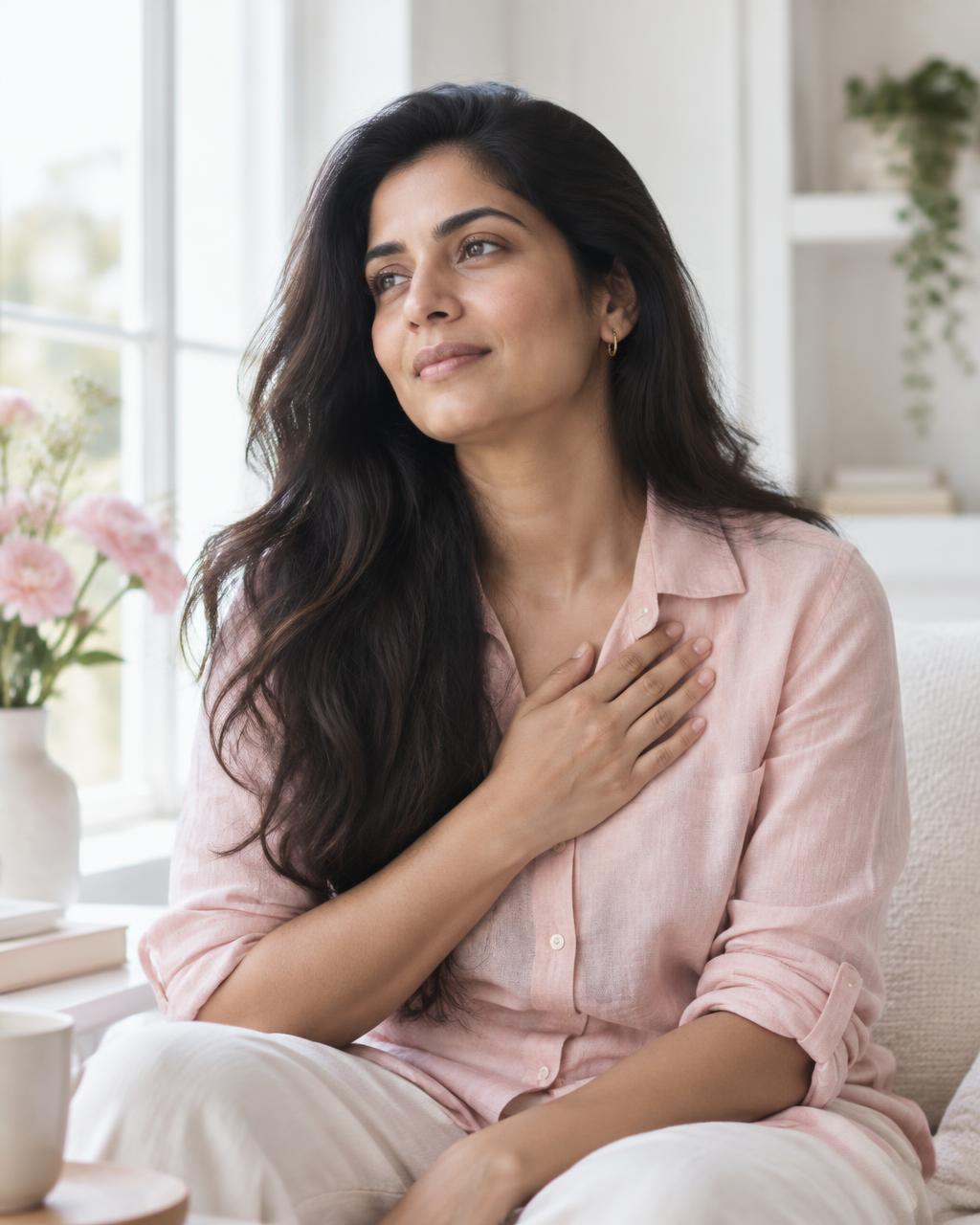 An Indian woman taking a quiet moment to care for her emotions